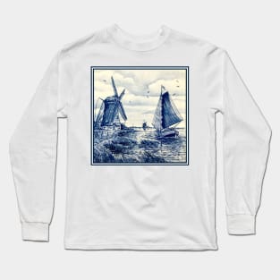 Dutch Blue Delft Windmills and Sailboat Long Sleeve T-Shirt